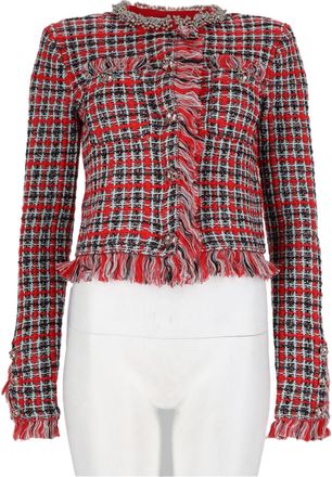 Self Portrait Red Checkered Fringed Cotton-Blend Cropped Jacket