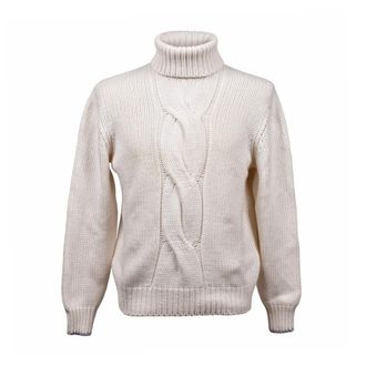 Brunello Cucinelli Cream Cashmere Cable Knit Turtleneck, Brand Size 50 (US Size 40)