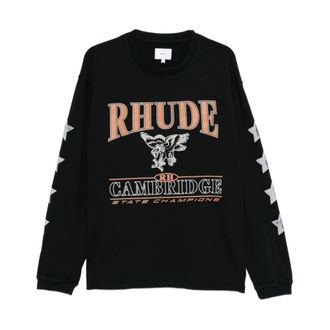 Rhude Tops, Heren, Zwart, M, Katoen, Zwarte Crew Neck T-shirt met Print