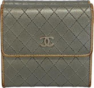 Chanel Beige Gray Leather Wallet (Tri-Fold) (Pre-Owned)
