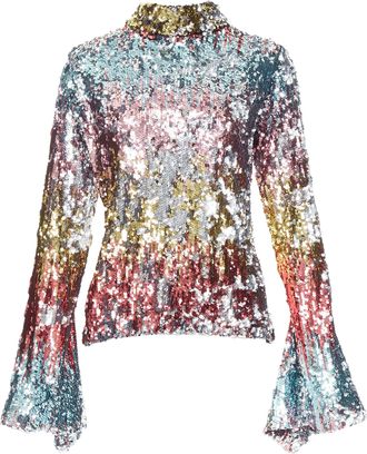 Halpern multicolor sequinned funnel neck flare sleeve party top