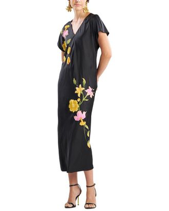 Natori Satin Essentials Embroidered Short Sleeve Caftan