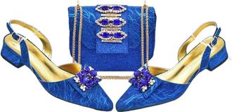 Generic Womens Shoe and Bag Set Sparkly Rhinestone Large Crystal Decoration Pointed Toe Low Heels Sandals Matching Handbag Blue