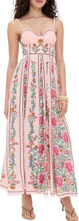 Generic Ladies Pink Boho Spaghetti Strap Linen Maxi Dress Vintage Floral Print Summer Long Dresses