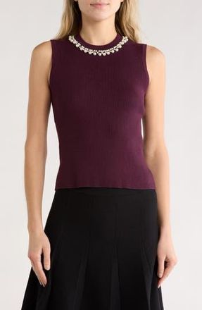 Adrianna Papell Faux Pearl & Rhinestone Collar Sleeveless Sweater in Plum at Nordstrom Rack, Size Medium