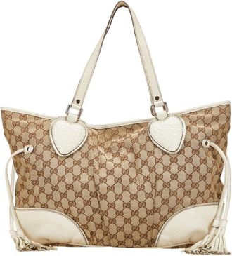 Gucci Gg Canvas Beige White Gg Canvas Leather Shoulder Bag Tote Bag (Pre-Owned)