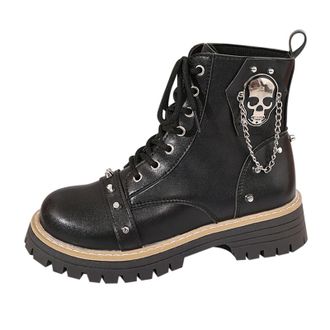 Generic Gothic Platform Combat Boots, Black and Red Synthetic Leather, Lace-up Punk Style Ankle Boots with Chain Details, Thick Lugged Sole