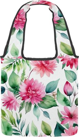 Generic Pink Flowers with Leaves Reversible Canvas Shoulder Tote - Double-Sided Print, 12oz Cotton, 27cm Drop, Fold-Flat Bag for Travel, Shopping, Street Outi