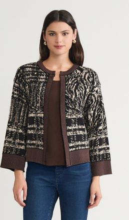 Ming Wang Relaxed Contrast Trim Cozy Knit Cardigan in Dark Umber/black/twig at Nordstrom, Size X-Large P