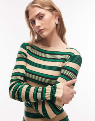 & Other Stories Top a maniche lunghe verde a righe testurizzato con volant sul bordo