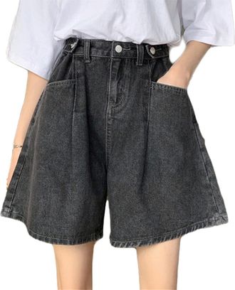 Generic Grey Women UK Summer High Waist Wide Legs Jean Shorts Retro Buttoned Folded Hem Hot Pants Stretch Baggy Denim Shorts Grey, 3X-Large