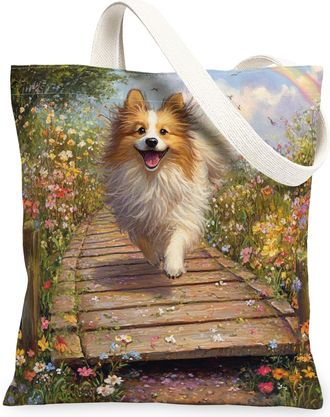 Generic Spring Shetland Sheepdog Dog Canvas Tote Bag for Shopping 13x15, Country Garden Puppy Reusable Grocery Print Pattern Bag for Women, Fun Flower Pet Bea