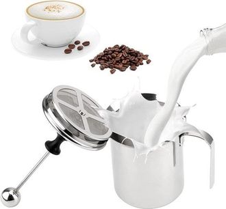 OEM Espumador De Leche Manual De Acero Inoxidable Con Doble Malla, 800 Ml, Para Preparar Caf&eacute;, Capuchino Y Espuma De Leche, 20 X 10 X 9,5 Cm