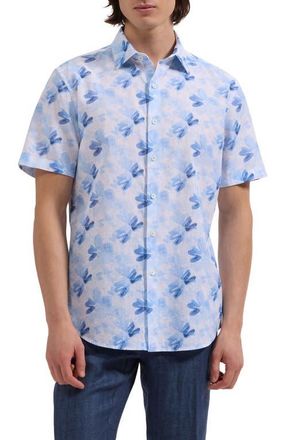 Bugatchi Orson Shaped Fit Abstract Floral Short Sleeve Linen & Cotton Button-Up Shirt in Classic Blue at Nordstrom, Size Xx-Large