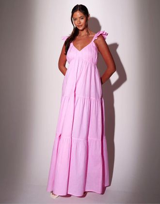 South Beach Vestito lungo a balze rosa con maniche con volant
