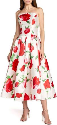 Mac Duggal Strapless Floral Printed A Line Midi Dress in Rose Multi at Nordstrom, Size 10