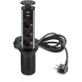 Emuca Multiconector Extra&iacute;ble Vertikal, 3 Enchufes Tipo Schuko, 2 Usb Tipo A, Pl&aacute;stico Y Aluminio, Pintado Negro - Emuca