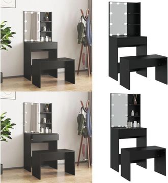 vidaXL Set Tavolo da Toeletta con LED Nero in Legno Multistrato - Set da toeletta con LED - Tavolo da trucco con sgabello