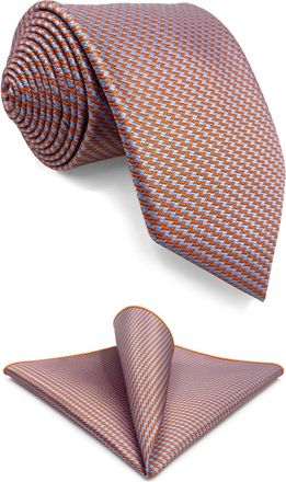 Shlax & Wing Necktie and Pocket Square Set for Men Orange Powder Blue Patterned for Suit Jacket Tie Set Extra Long 63