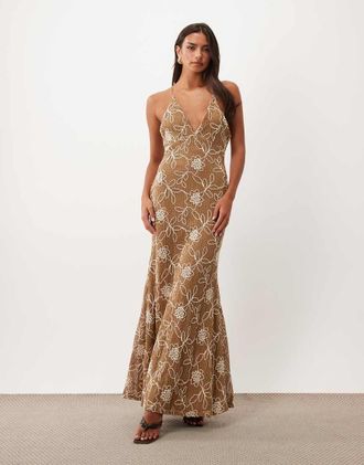 Asos vestito maxi alluncinetto ricamato con cut-out marrone