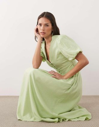 Nobody's Child Bess - Vestito midi in misto lino verde salvia con maniche a sbuffo, bordi smerlati e scollo a V