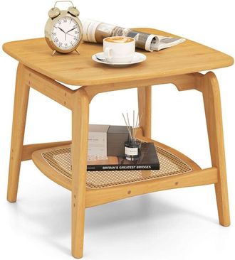 Costway Costway - Side Table Bamboo Sofa Side Table w/Faux Rattan Storage Shelf-Natural