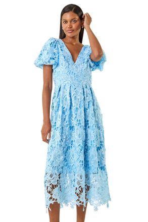 Roman Womens Premium Crochet Lace Midi Dress - Blue - Size 18 UK