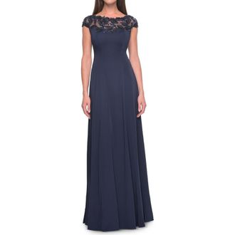 La Femme A-Line Satin Dress with Stunning Beaded Neckline and Short Sleeves in Navy at Nordstrom, Size 18