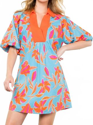 THML Clothing Puff Sleeve Flower Print Dress In Blue
