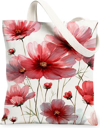Generic Floral Canvas Tote Bags, Artistic Flower Pattern Reusable Grocery Bags, Vintage Lightweight Washable Tote for Travel Beach, Red, 13x15 Inch
