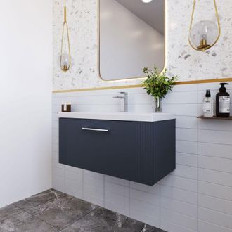 Nuie Nuie - Deco Satin Soft Black 800mm Wall Hung Single Drawer Vanity Unit and Mid Edge Ceramic Basin - DPF1496A