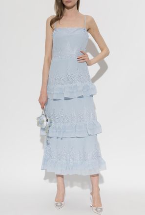 Self Portrait Pleated Dress With Lace Inserts, Womens, Blue
