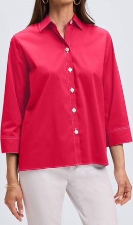 Foxcroft Kelly No Iron Stretch Contrast Stitch Three Quarter Sleeve Shirt In Raspberry
