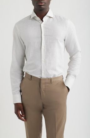BOSS Hank Slim Fit Plaid Linen & Cotton Shirt in Open Beige at Nordstrom, Size 17.5