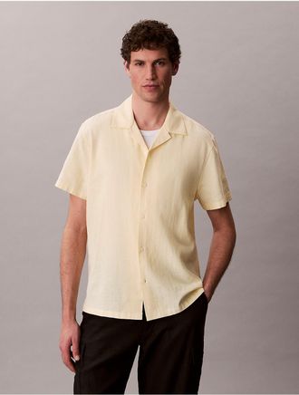 Calvin Klein Mens Linen Cotton Short Sleeve Button-Down Shirt - Yellow - 2XL