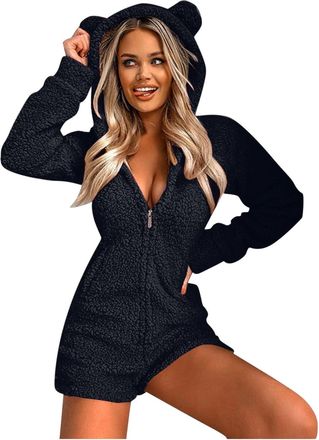 Generic Womens Hooded Jumpsuit Pyjamas Long Sleeve Animal Print Onesie with Ears Leopard Nightwear Soft Cozy Loungewear One Piece Sleepwear Winter Warm Overal