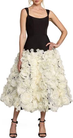 Mac Duggal Sleeveless A Line Crepe Midi Dress With Floral Hem in Black Cream at Nordstrom, Size 10