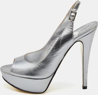 Gina Metallic Grey Leather Open Toe Platform Slingback Pumps