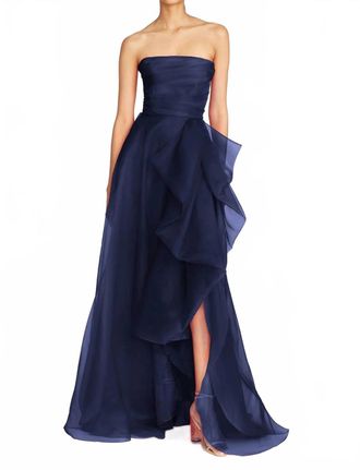 Theia Teresa Strapless Draped Gown In Navy