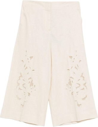 Twin-Set Wide-Leg Cropped Pants with Intricate Floral Embroidery