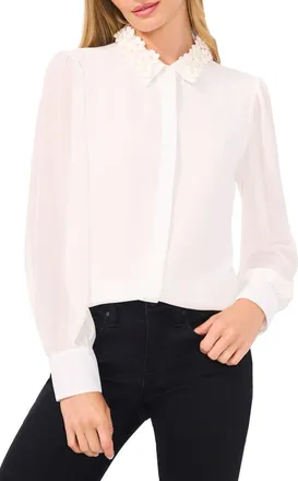 CeCe by Cynthia Steffe Pearly Flower Appliqu&eacute; Georgette Button-Up Shirt in New Ivory White at Nordstrom, Size X-Small