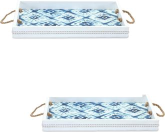 Melrose International Wooden Tie-Dye Design Tray (Set of 2) - White, Blue