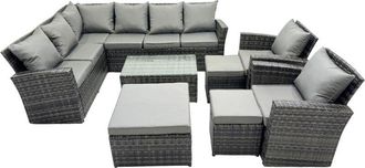 Fimous 11 Seat Rattan High Back Corner Sofa Set Patio Coffee Table Sets with 3 Stools Chair Dark Grey Mixed - Fimous