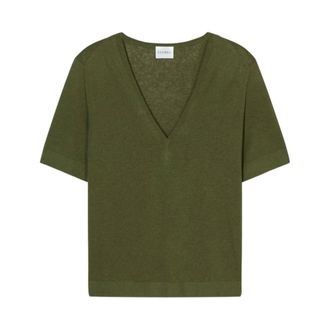 Closed Closed, V-neck Knitwear, female, Green, Size: M Linen and Cotton V-Neck Sweater