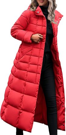 Generic Womens Winter Long Coats Solid Color Puffer Quilted Down Coat Windproof Hooded Long Down Jacket Women Thicken Padded Outwear with Belt Longline Puffer