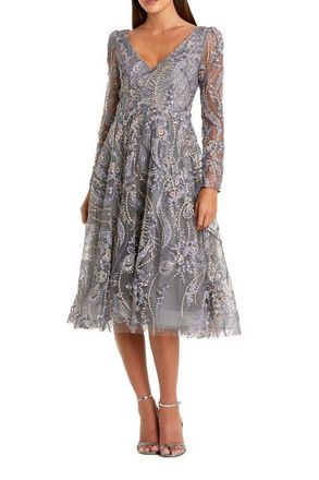 Mac Duggal Womens Floral Embroidered Long Sleeve V Neck Midi Dress in Charcoal at Nordstrom, Size 18