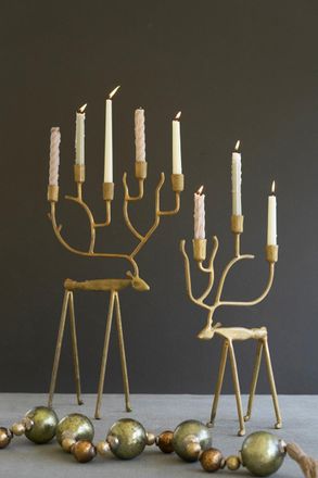 Kalalou Set Of Two Antique Gold Forged Christmas Deer Candelabras