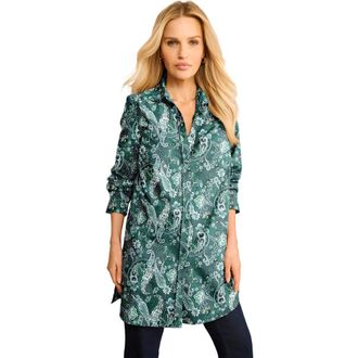 Roaman's Kate Long-Sleeve Crisp Cotton-Blend Button-Front Tunic in Emerald Fine Paisley at Nordstrom, Size 42