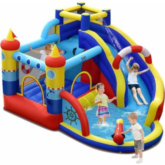 Costway Costway Castillo Inflable/parque Acu&aacute;tico Forma De Barco 6 En 1 Con Tobog&aacute;n Curvado, &Aacute;rea Para Saltar, Pared Para Escalar, Piscina, Blanco E Hidrante 
