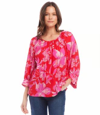 Karen Kane Farren Floral Print Blouson Sleeve Top In Pink/ Orange